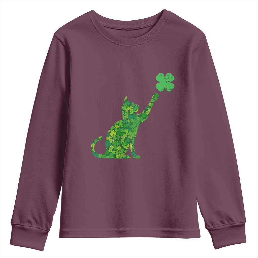 St Patricks Day Shamrock Cat Youth Sweatshirt Saint Pattys Cats Lover TS02 Maroon Print Your Wear
