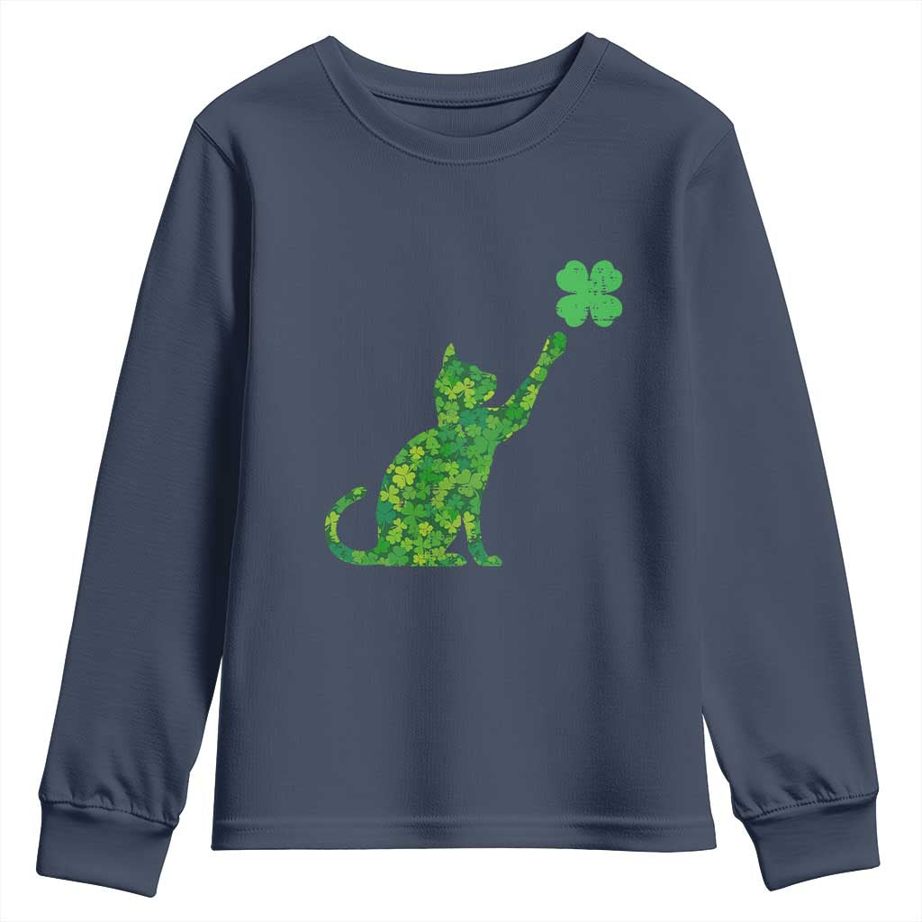 St Patricks Day Shamrock Cat Youth Sweatshirt Saint Pattys Cats Lover TS02 Navy Print Your Wear