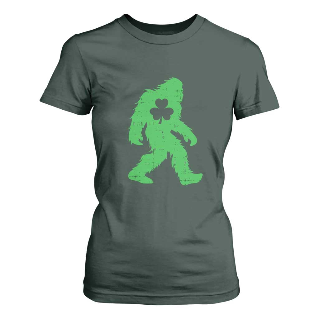 St Patricks Day Bigfoot T Shirt For Women Sasquatch Lucky Shamrock TS02 Dark Forest Green Print Your Wear