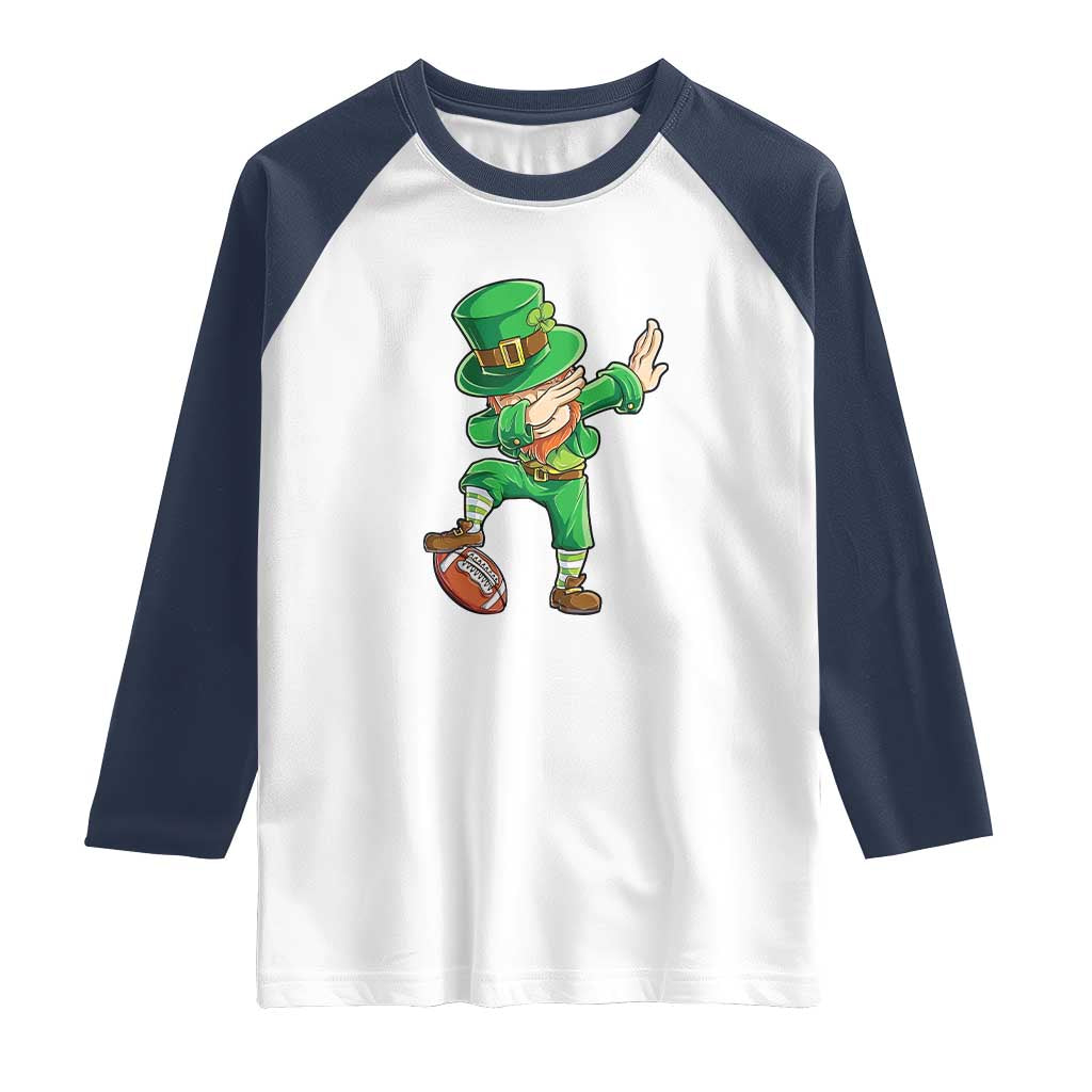 Dabbing Leprechaun Football Raglan Shirt St Patricks Day Sports Lover TS02 White Navy Print Your Wear