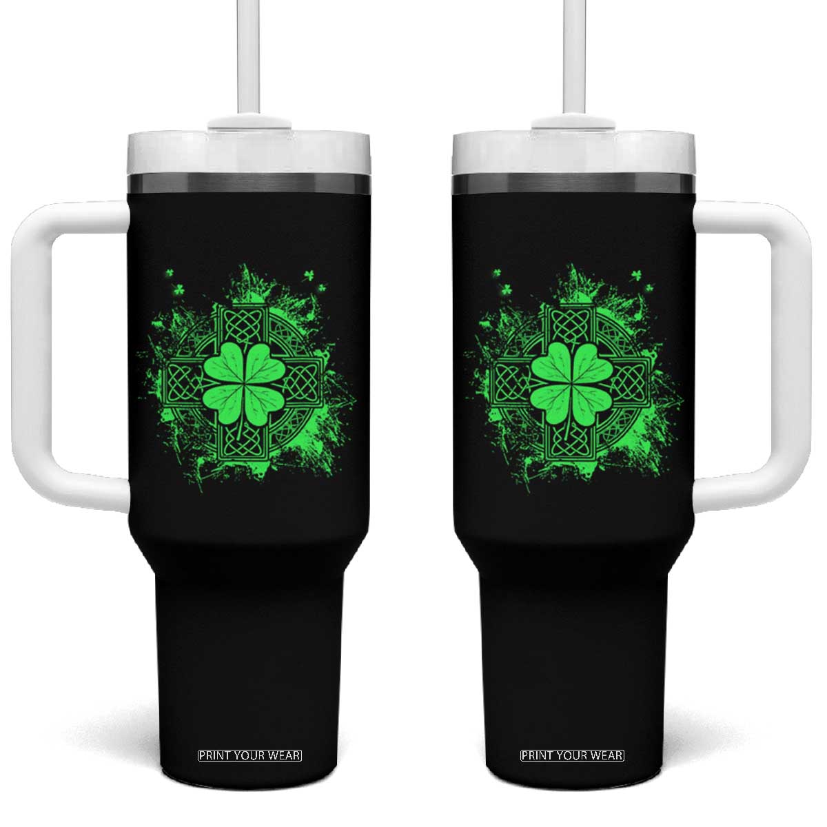 Celtic Knot Irish Shamrock Tumbler With Handle St Patricks Day TS02 One Size: 40 oz Black Print Your Wear