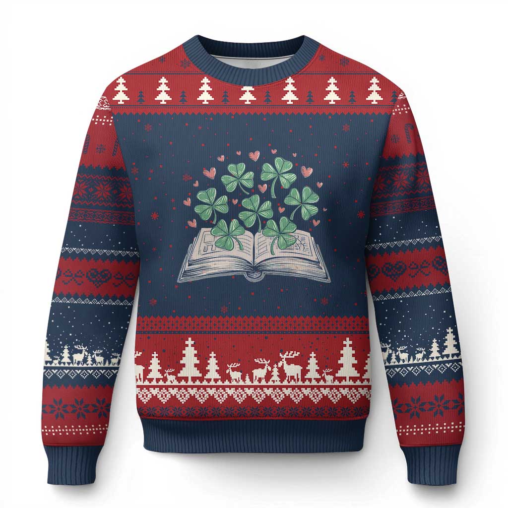 St Patricks Day Book Lover Ugly Christmas Sweater Librarian Core Lucky Shamrocks TS02 Navy Red Print Your Wear