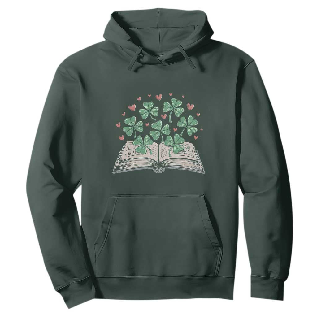 St Patricks Day Book Lover Hoodie Librarian Core Lucky Shamrocks TS02 Dark Forest Green Print Your Wear