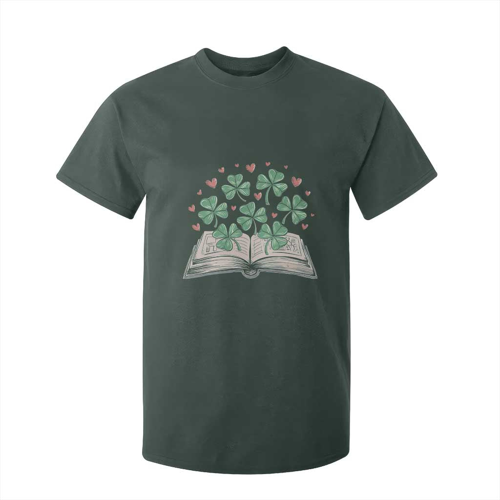 St Patricks Day Book Lover T Shirt For Kid Librarian Core Lucky Shamrocks TS02 Dark Forest Green Print Your Wear