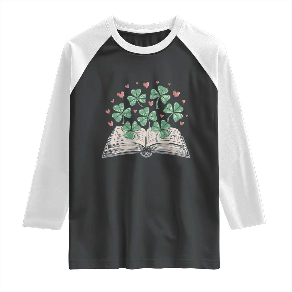 St Patricks Day Book Lover Raglan Shirt Librarian Core Lucky Shamrocks TS02 Black White Print Your Wear