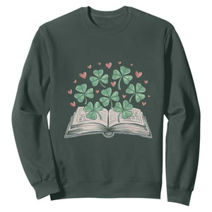 St Patricks Day Book Lover Sweatshirt Librarian Core Lucky Shamrocks TS02 Dark Forest Green Print Your Wear