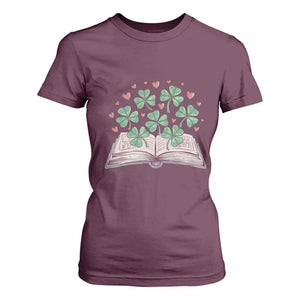 St Patricks Day Book Lover T Shirt For Women Librarian Core Lucky Shamrocks TS02 Maroon Print Your Wear