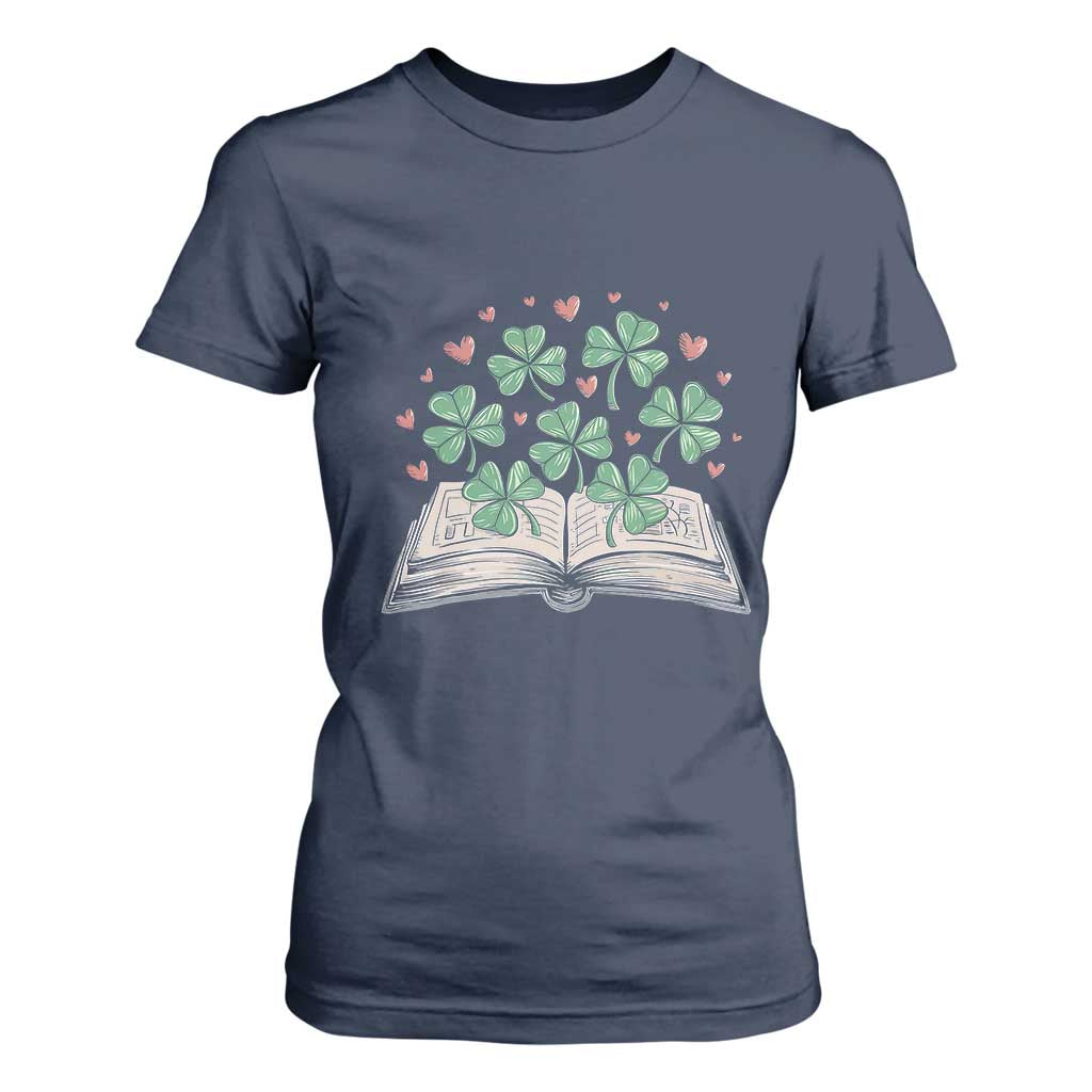 St Patricks Day Book Lover T Shirt For Women Librarian Core Lucky Shamrocks TS02 Navy Print Your Wear