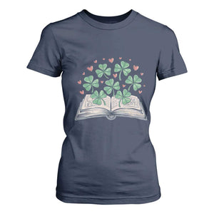 St Patricks Day Book Lover T Shirt For Women Librarian Core Lucky Shamrocks TS02 Navy Print Your Wear