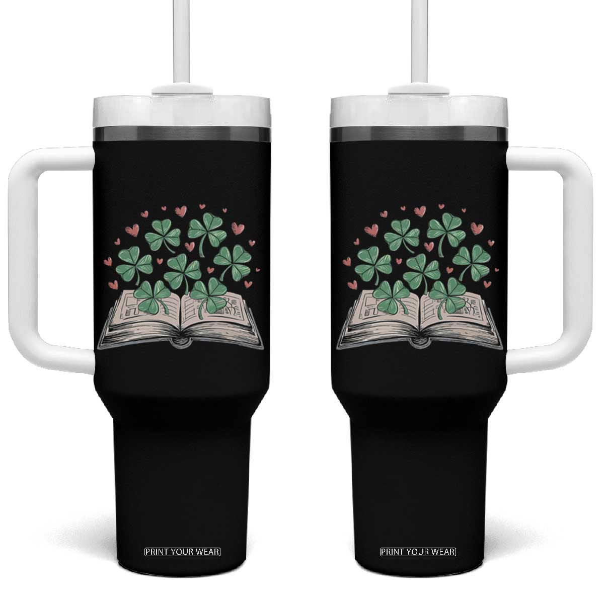 St Patricks Day Book Lover Tumbler With Handle Librarian Core Lucky Shamrocks TS02 One Size: 40 oz Black Print Your Wear