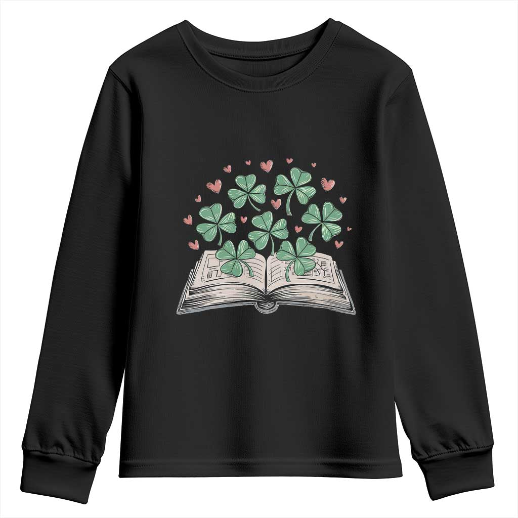 St Patricks Day Book Lover Youth Sweatshirt Librarian Core Lucky Shamrocks TS02 Black Print Your Wear