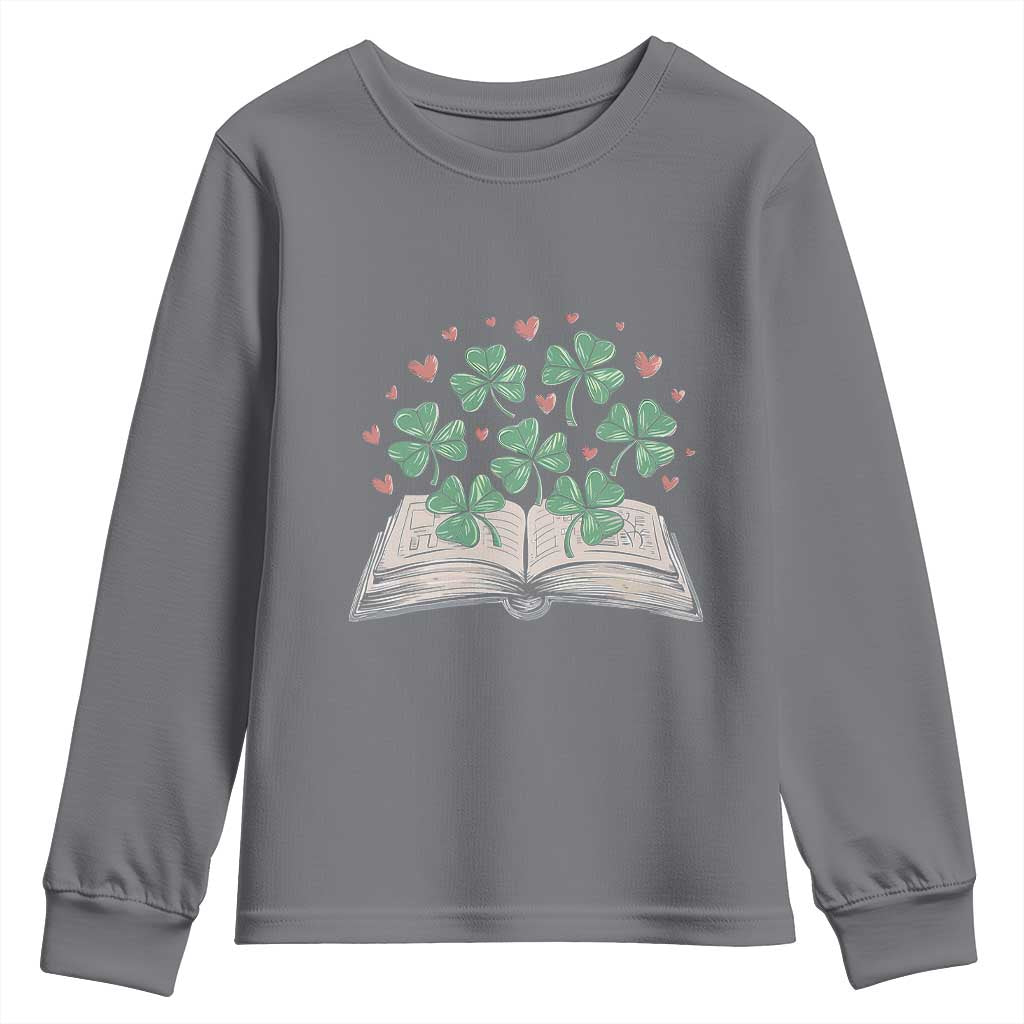 St Patricks Day Book Lover Youth Sweatshirt Librarian Core Lucky Shamrocks TS02 Charcoal Print Your Wear