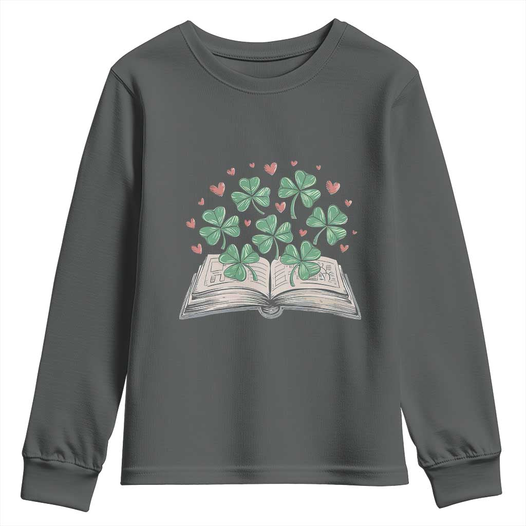 St Patricks Day Book Lover Youth Sweatshirt Librarian Core Lucky Shamrocks TS02 Dark Heather Print Your Wear