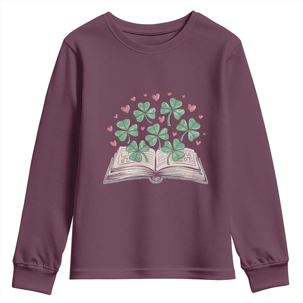 St Patricks Day Book Lover Youth Sweatshirt Librarian Core Lucky Shamrocks TS02 Maroon Print Your Wear