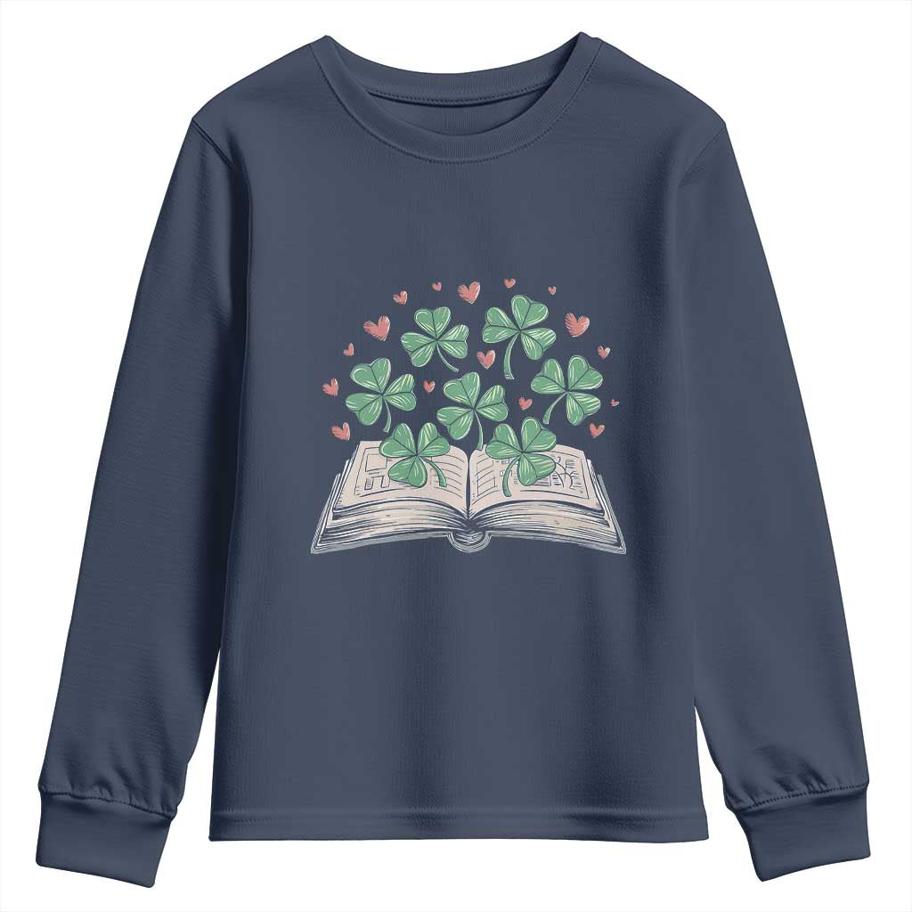 St Patricks Day Book Lover Youth Sweatshirt Librarian Core Lucky Shamrocks TS02 Navy Print Your Wear