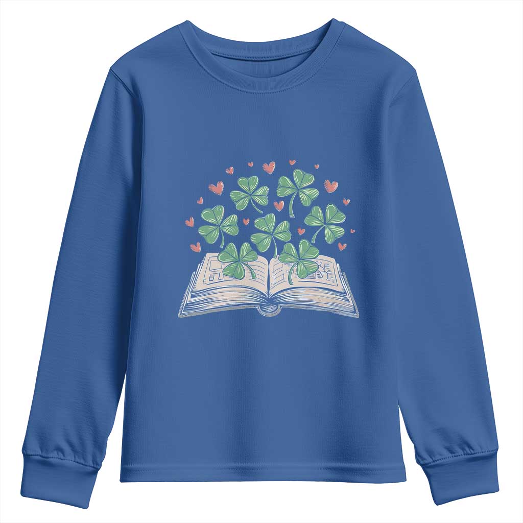 St Patricks Day Book Lover Youth Sweatshirt Librarian Core Lucky Shamrocks TS02 Royal Blue Print Your Wear