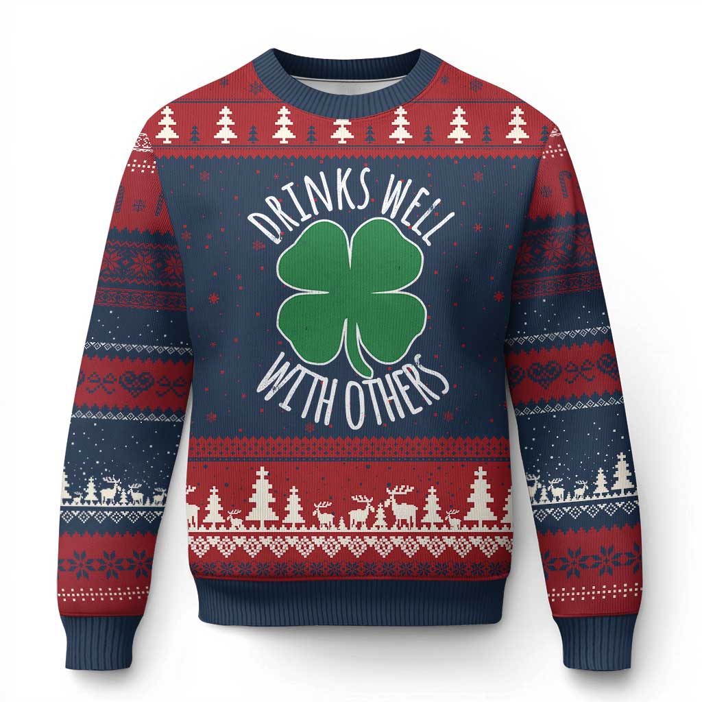 Funny St Patricks Day Drinking Ugly Christmas Sweater Drinks Well With Others Drunk Beer Lucky Shamrock TS02 Navy Red Print Your Wear
