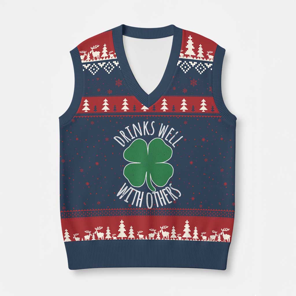 Funny St Patricks Day Drinking V-Neck Knit Sweater Vest Drinks Well With Others Drunk Beer Lucky Shamrock TS02 Navy Red Print Your Wear