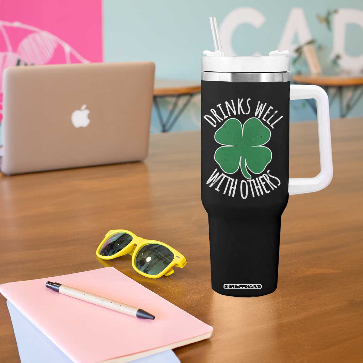 Funny St Patricks Day Drinking Tumbler With Handle Drinks Well With Others Drunk Beer Lucky Shamrock TS02 Print Your Wear