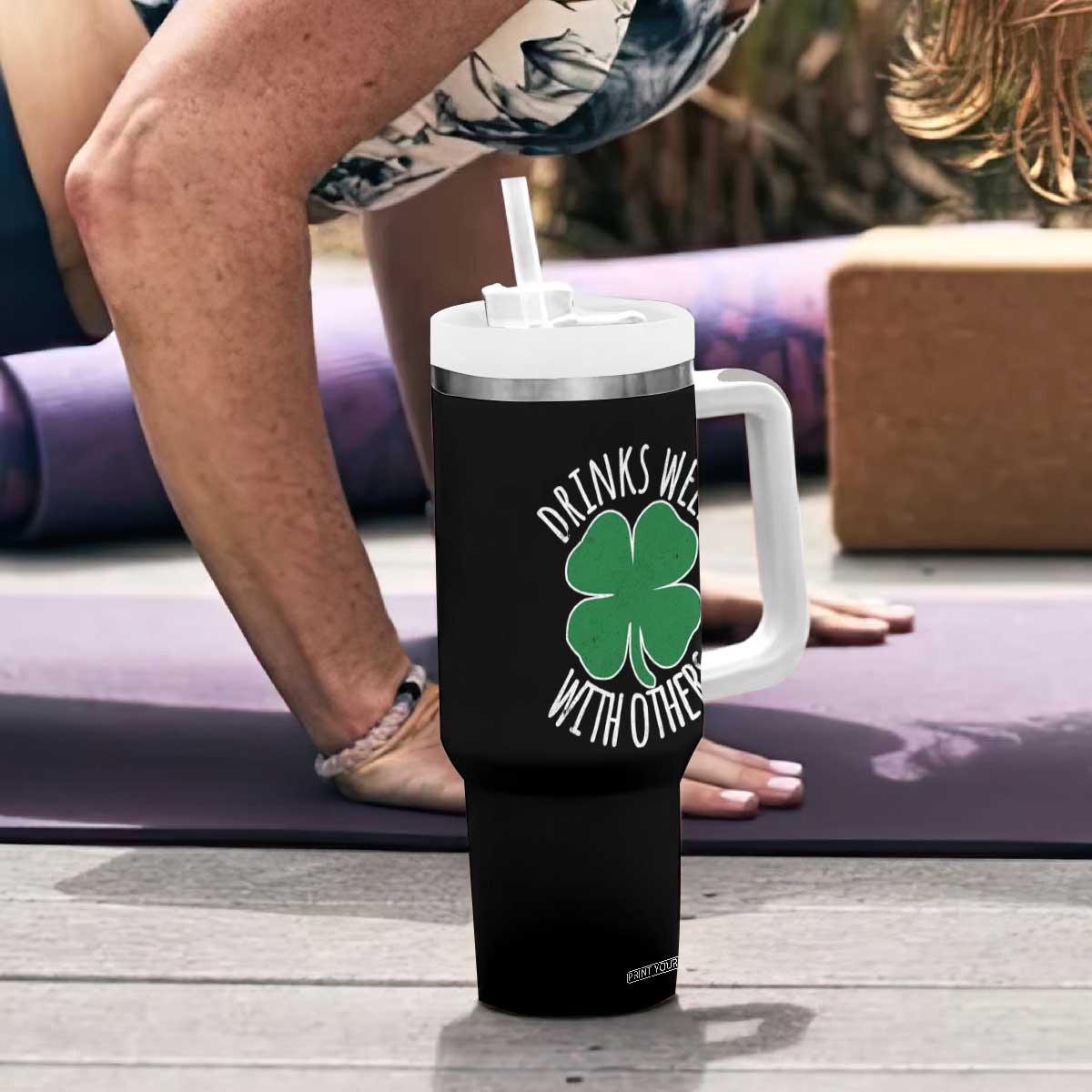 Funny St Patricks Day Drinking Tumbler With Handle Drinks Well With Others Drunk Beer Lucky Shamrock TS02 Print Your Wear