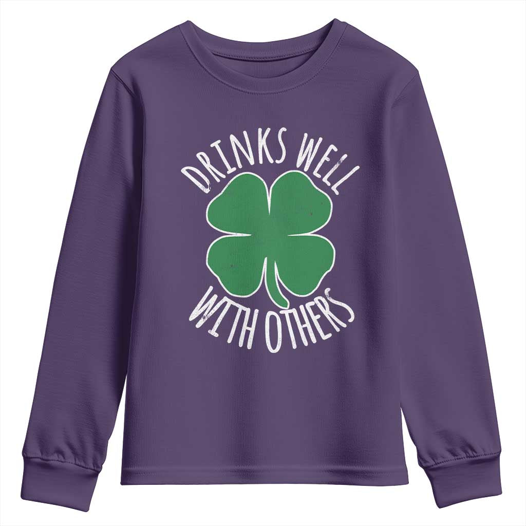 Funny St Patricks Day Drinking Youth Sweatshirt Drinks Well With Others Drunk Beer Lucky Shamrock TS02 Purple Print Your Wear