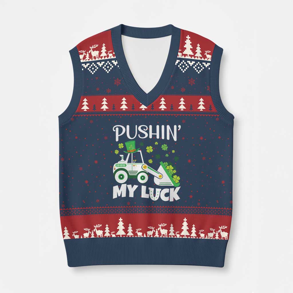 St Patricks Day Boys Truck V-Neck Knit Sweater Vest Pushing My Luck Tractor Toy Lover TS02 Navy Red Print Your Wear