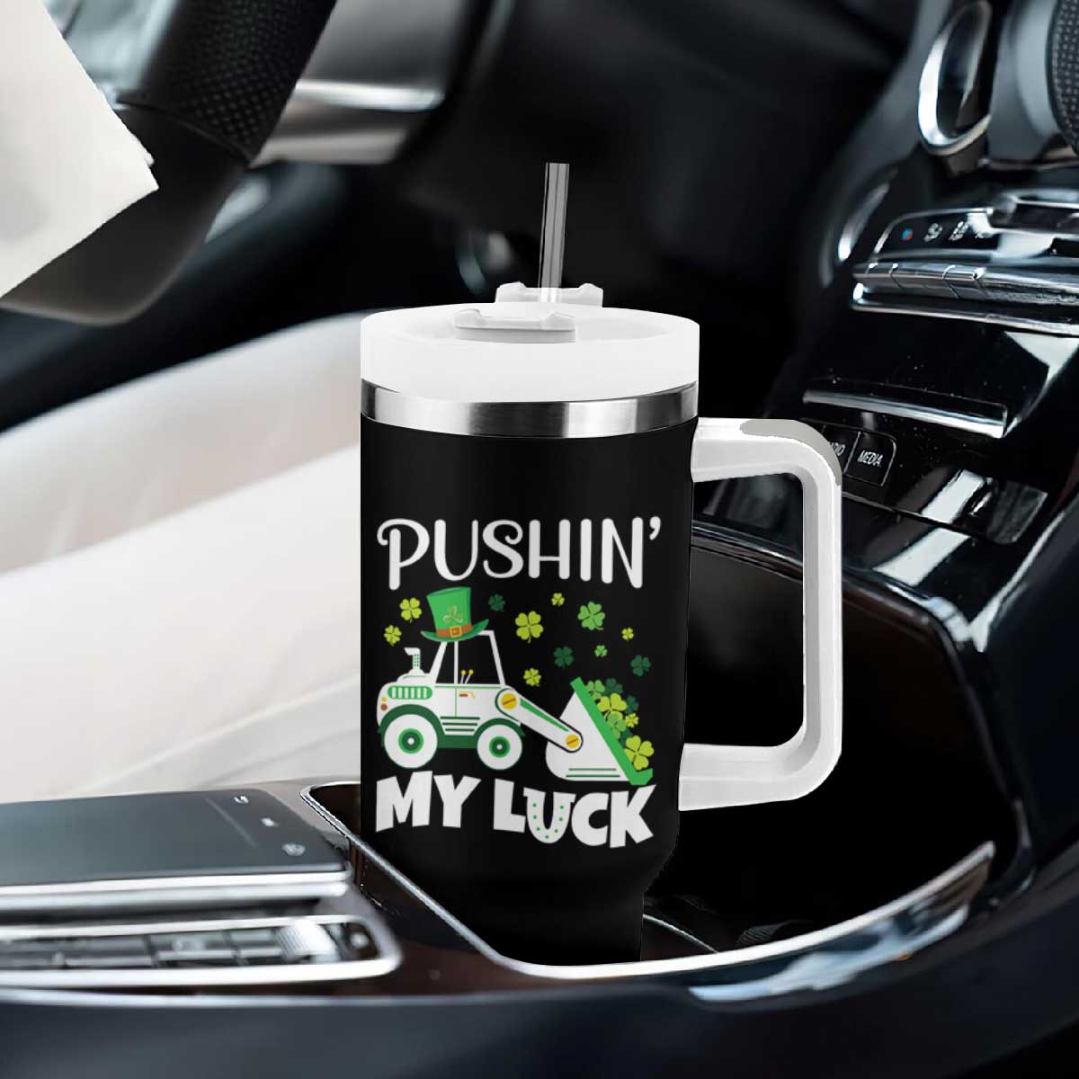 St Patricks Day Boys Truck Tumbler With Handle Pushing My Luck Tractor Toy Lover TS02 Print Your Wear