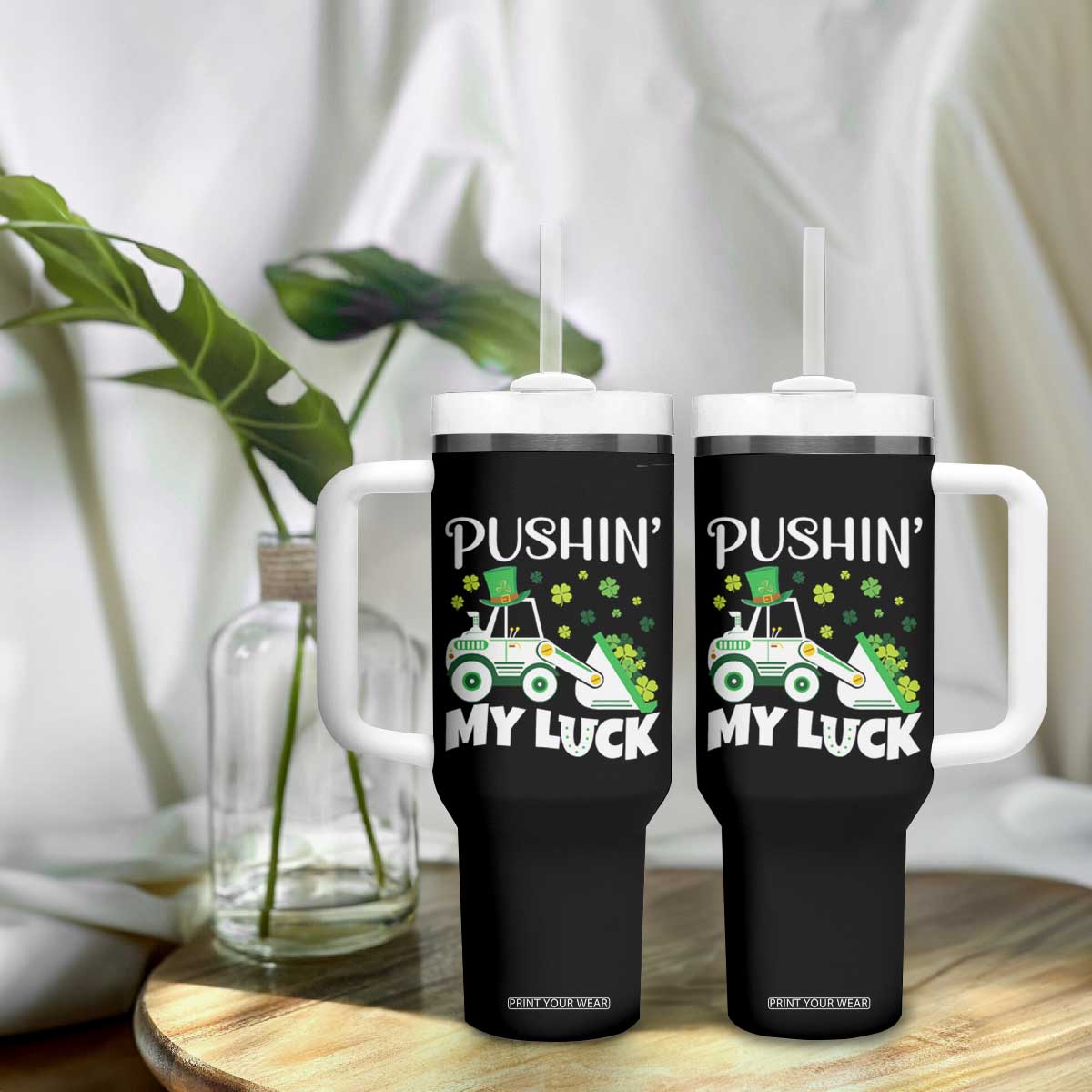 St Patricks Day Boys Truck Tumbler With Handle Pushing My Luck Tractor Toy Lover TS02 Print Your Wear