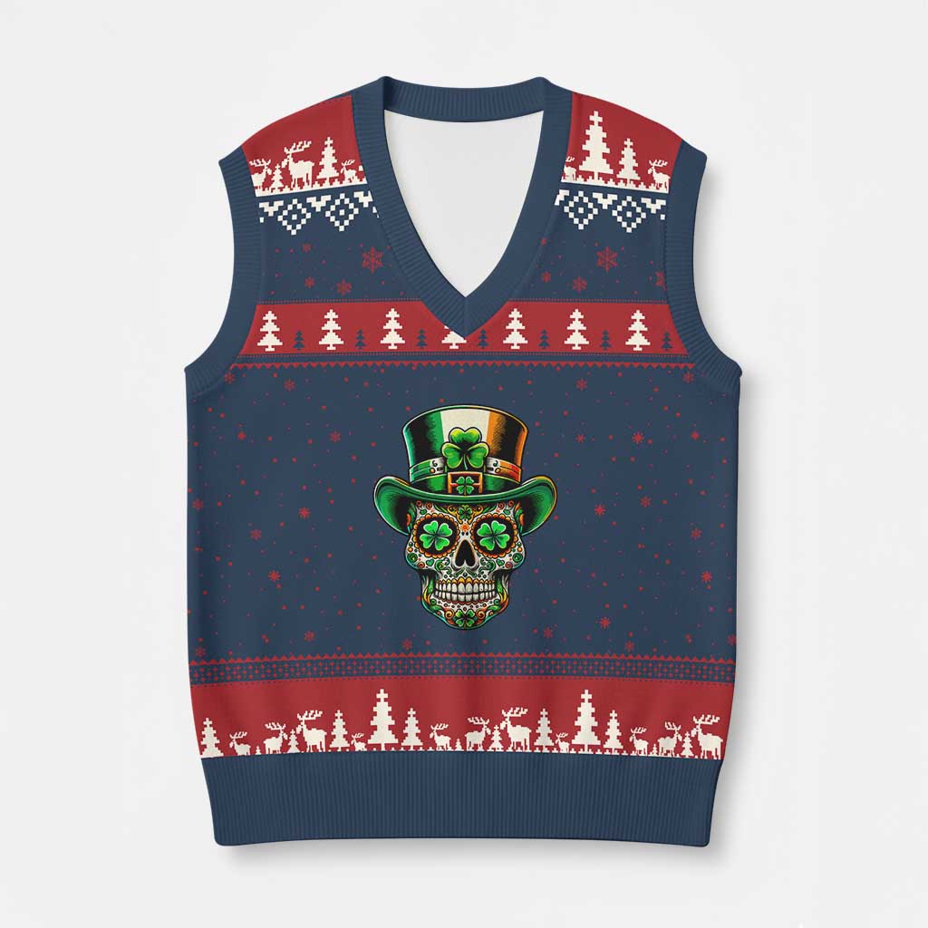 San Patties Irish Sugar Skull V-Neck Knit Sweater Vest St Patricks Day Of The Dead TS02 Navy Red Print Your Wear