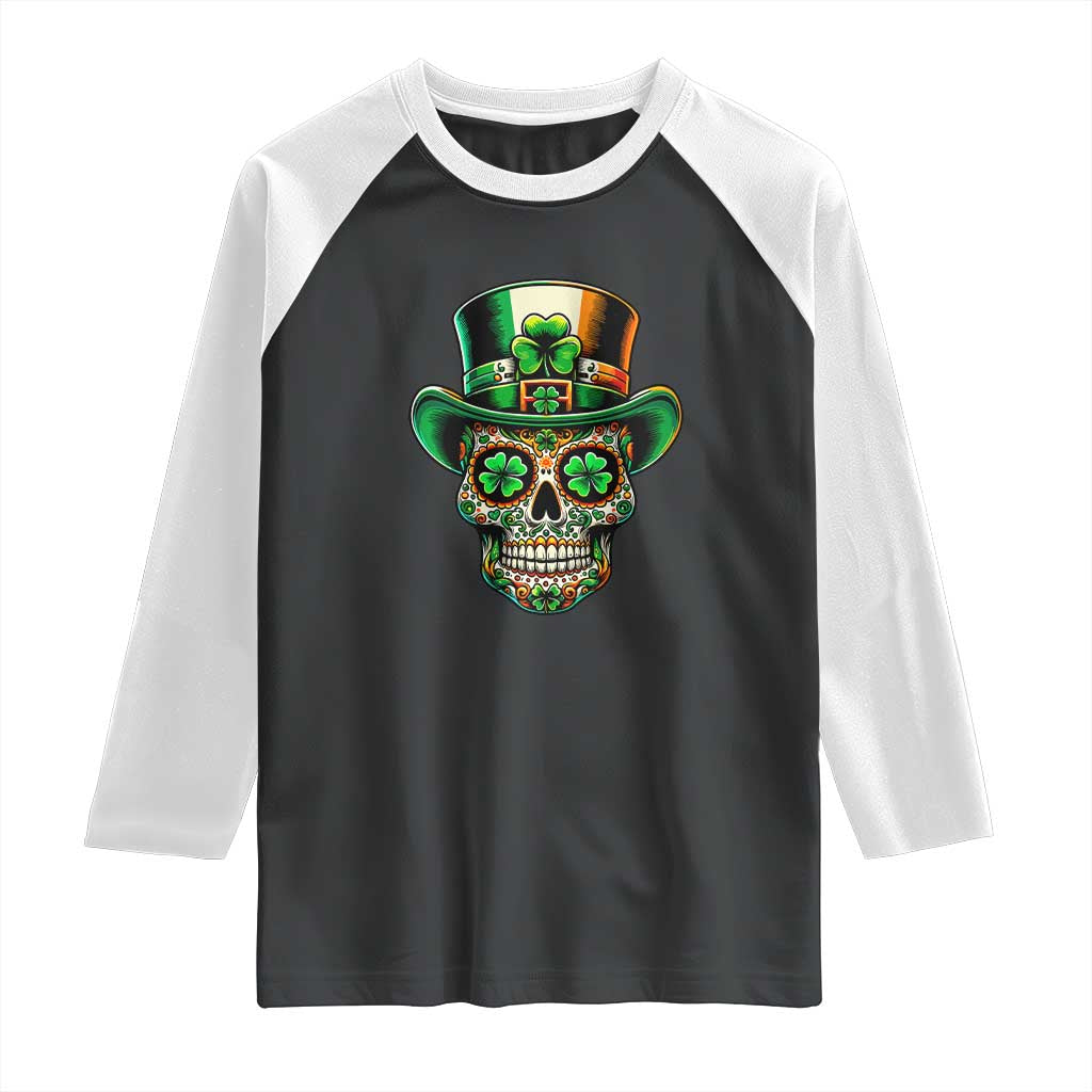 San Patties Irish Sugar Skull Raglan Shirt St Patricks Day Of The Dead TS02 Black White Print Your Wear