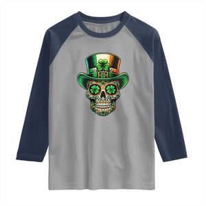 San Patties Irish Sugar Skull Raglan Shirt St Patricks Day Of The Dead TS02 Sport Gray Navy Print Your Wear