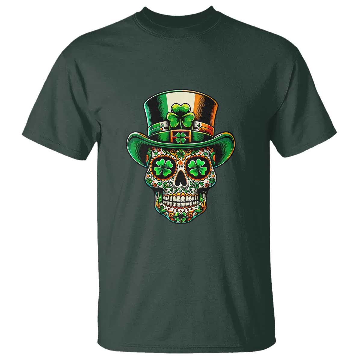 San Patties Irish Sugar Skull T Shirt St Patricks Day Of The Dead TS02 Dark Forest Green Print Your Wear