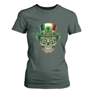 San Patties Irish Sugar Skull T Shirt For Women St Patricks Day Of The Dead TS02 Dark Forest Green Print Your Wear