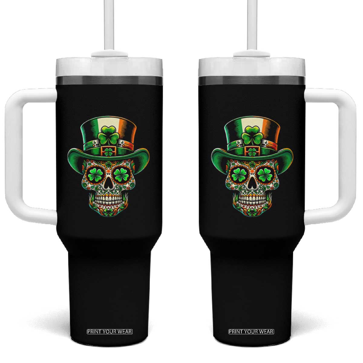 San Patties Irish Sugar Skull Tumbler With Handle St Patricks Day Of The Dead TS02 One Size: 40 oz Black Print Your Wear