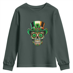 San Patties Irish Sugar Skull Youth Sweatshirt St Patricks Day Of The Dead TS02 Dark Forest Green Print Your Wear
