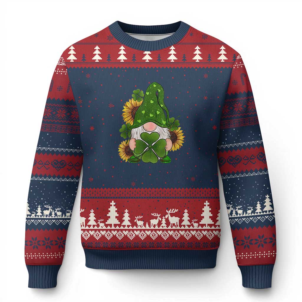St Patrick's Day Cute Gnomes Ugly Christmas Sweater Holding Shamrock Sunflower TS02 Navy Red Print Your Wear
