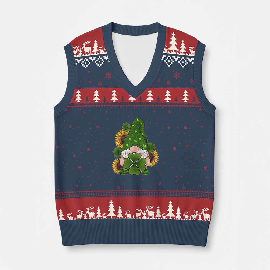 St Patrick's Day Cute Gnomes V-Neck Knit Sweater Vest Holding Shamrock Sunflower TS02 Navy Red Print Your Wear
