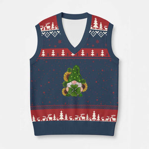 St Patrick's Day Cute Gnomes V-Neck Knit Sweater Vest Holding Shamrock Sunflower TS02 Navy Red Print Your Wear