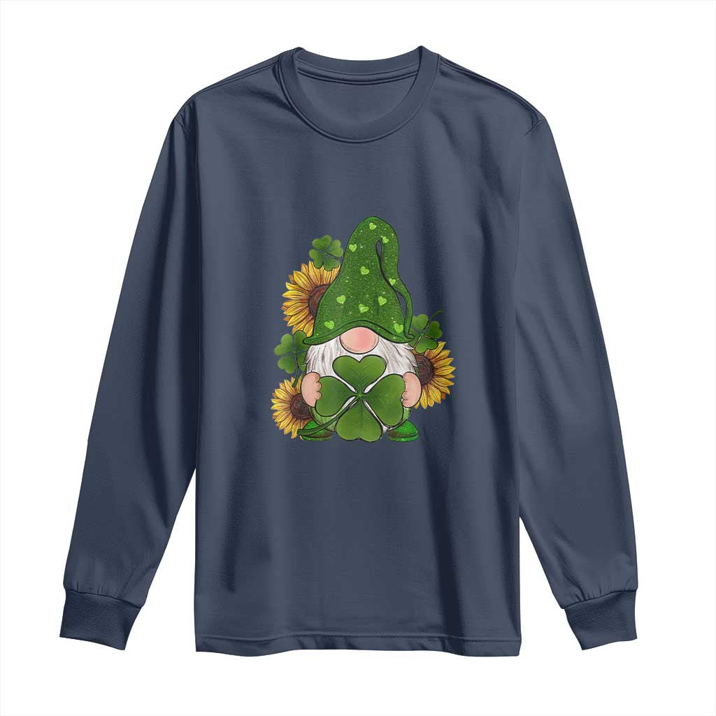 St Patrick's Day Cute Gnomes Long Sleeve Shirt Holding Shamrock Sunflower TS02 Navy Print Your Wear