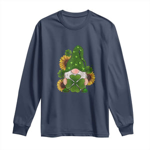St Patrick's Day Cute Gnomes Long Sleeve Shirt Holding Shamrock Sunflower TS02 Navy Print Your Wear
