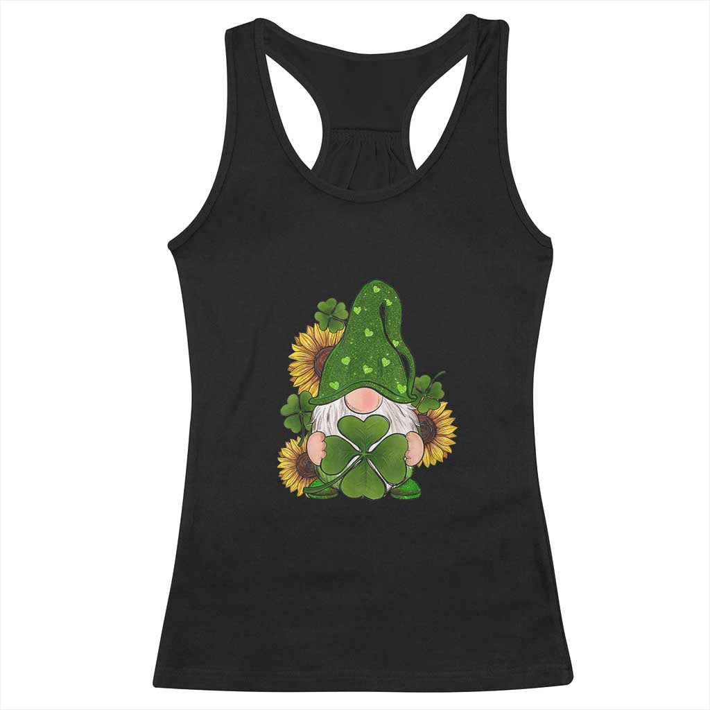 St Patrick's Day Cute Gnomes Racerback Tank Top Holding Shamrock Sunflower TS02 Black Print Your Wear