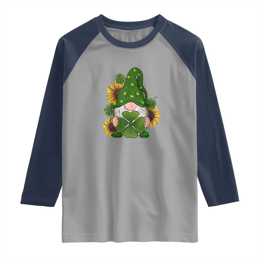 St Patrick's Day Cute Gnomes Raglan Shirt Holding Shamrock Sunflower TS02 Sport Gray Navy Print Your Wear
