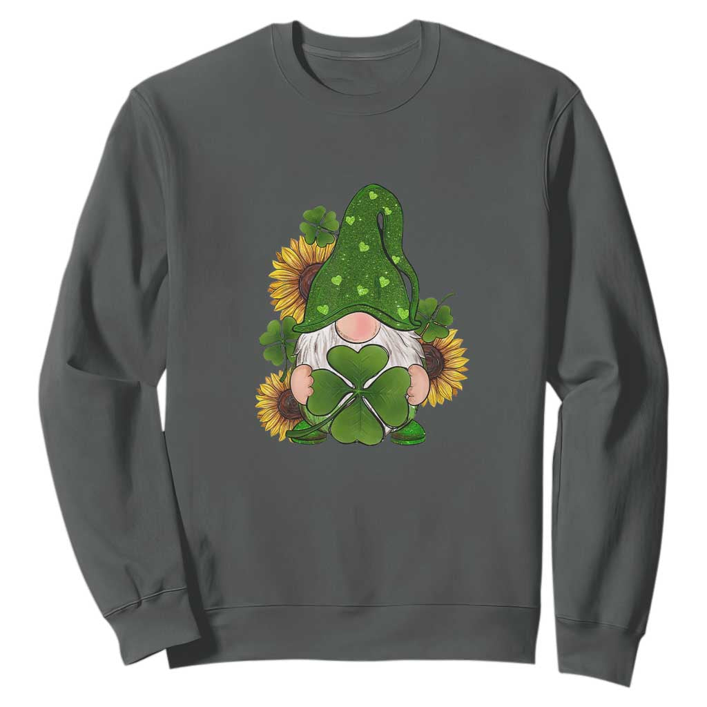 St Patrick's Day Cute Gnomes Sweatshirt Holding Shamrock Sunflower TS02 Dark Heather Print Your Wear