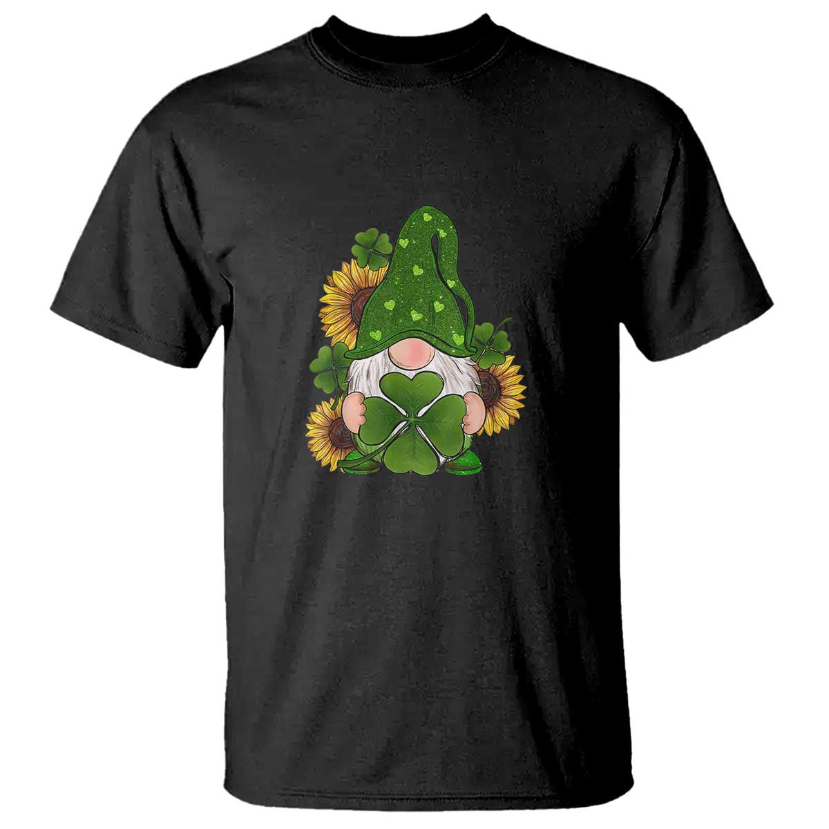 St Patrick's Day Cute Gnomes T Shirt Holding Shamrock Sunflower TS02 Black Print Your Wear