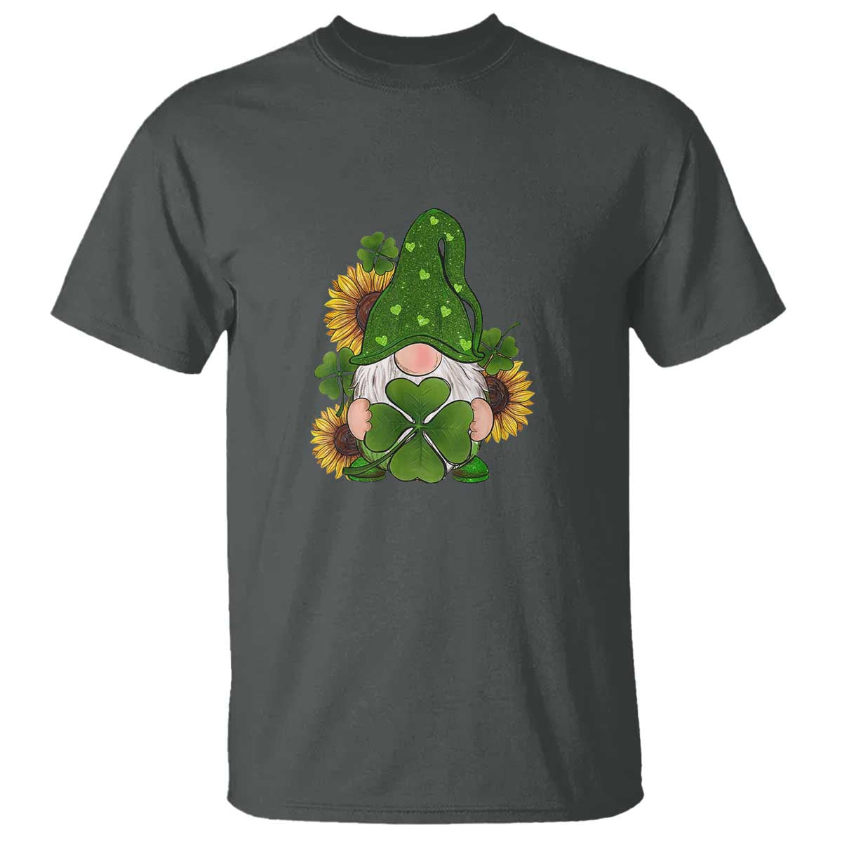 St Patrick's Day Cute Gnomes T Shirt Holding Shamrock Sunflower TS02 Dark Heather Print Your Wear