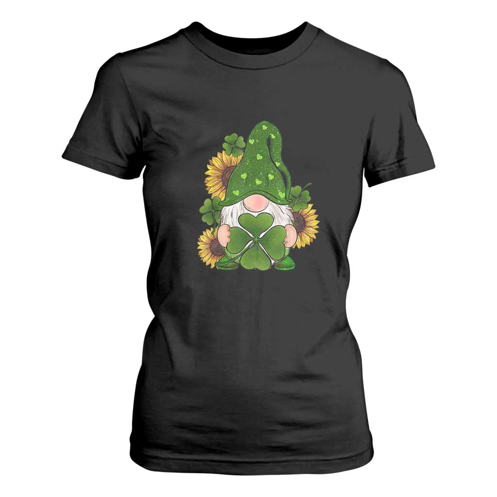 St Patrick's Day Cute Gnomes T Shirt For Women Holding Shamrock Sunflower TS02 Black Print Your Wear