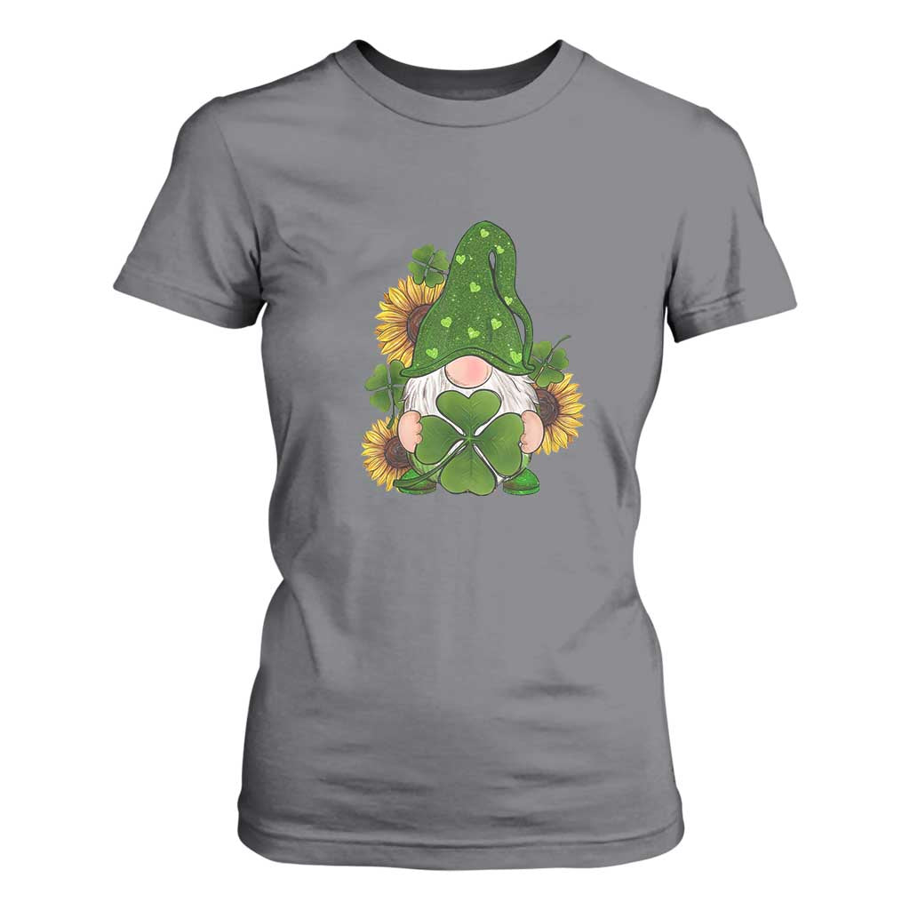St Patrick's Day Cute Gnomes T Shirt For Women Holding Shamrock Sunflower TS02 Charcoal Print Your Wear