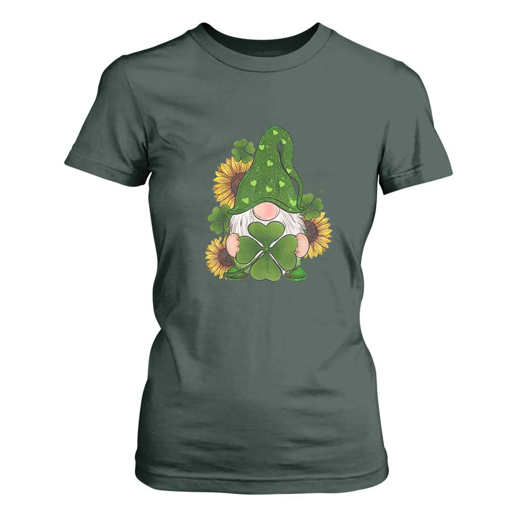 St Patrick's Day Cute Gnomes T Shirt For Women Holding Shamrock Sunflower TS02 Dark Forest Green Print Your Wear