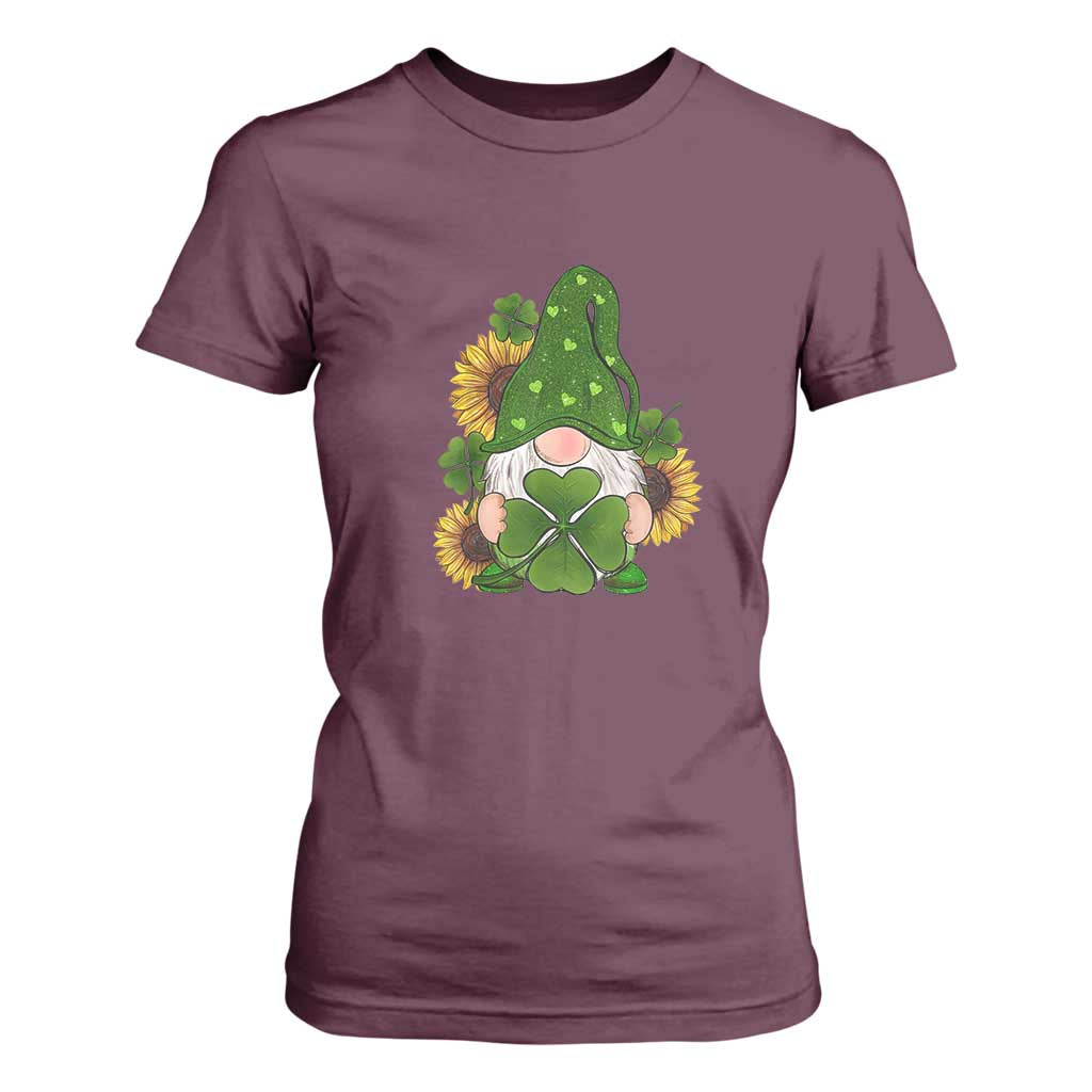 St Patrick's Day Cute Gnomes T Shirt For Women Holding Shamrock Sunflower TS02 Maroon Print Your Wear