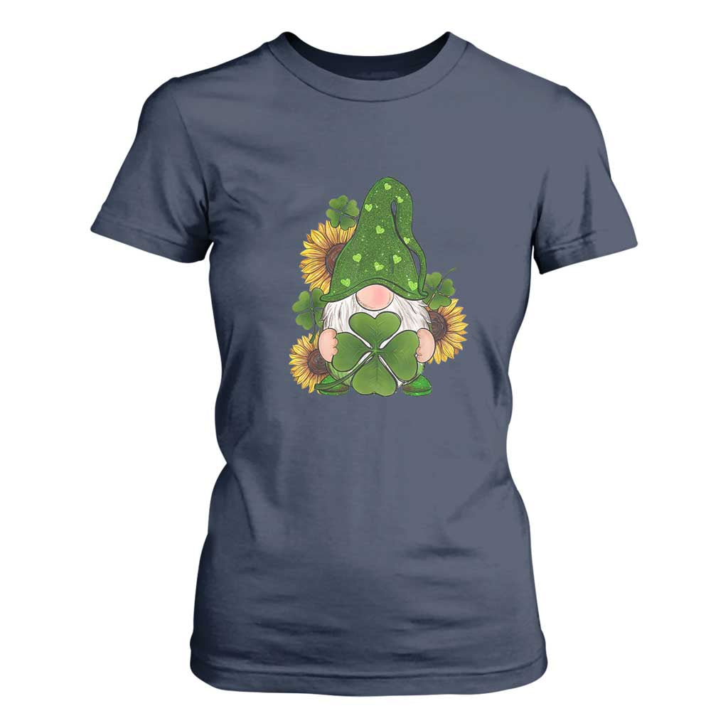 St Patrick's Day Cute Gnomes T Shirt For Women Holding Shamrock Sunflower TS02 Navy Print Your Wear